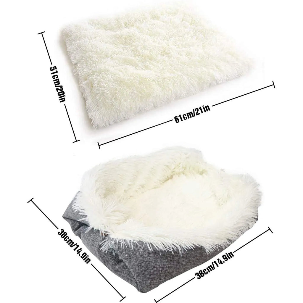Gray self-heating pet blanket nest with long plush fur and non-slip black bottom, 61x51 cm