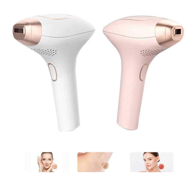 Pink and white cordless laser hair removal device with ice-sensing technology and a shaver attachment on a white background.