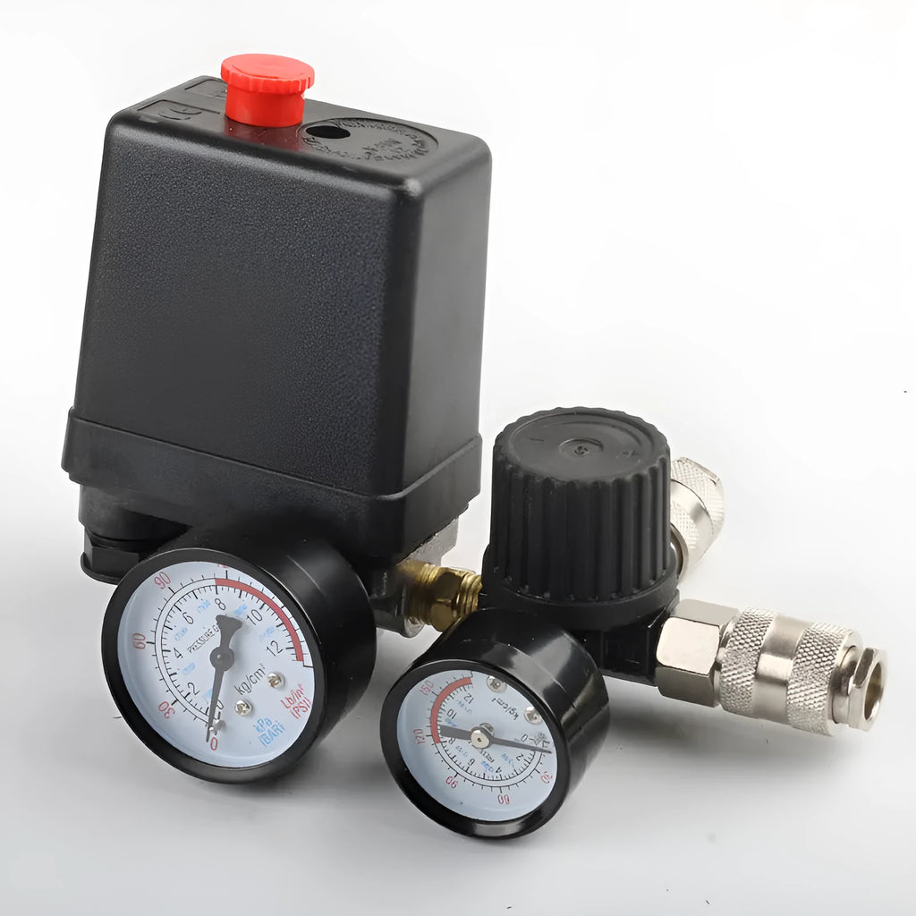 Air compressor pressure switch with European style assembly showing 12mm connector and pressure gauge