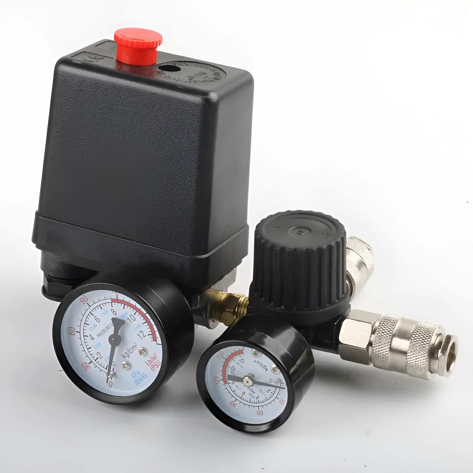 Air compressor pressure switch with European style assembly showing 12mm connector and pressure gauge