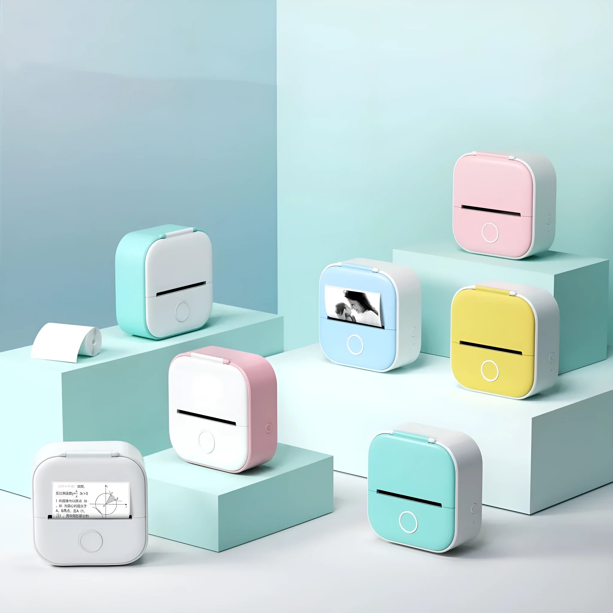 Mini pocket portable thermal printer with pink rabbit ear protective case on a desk