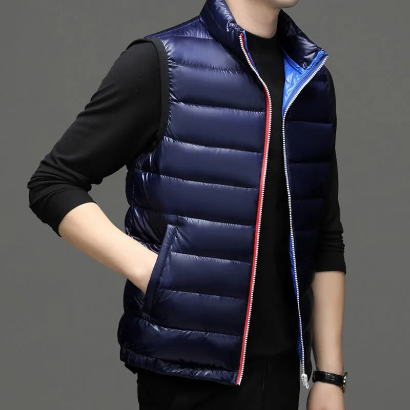 Men's thick white goose down vest in solid colour, oblique pocket design, available in black and navy blue, sizes M to 4XL