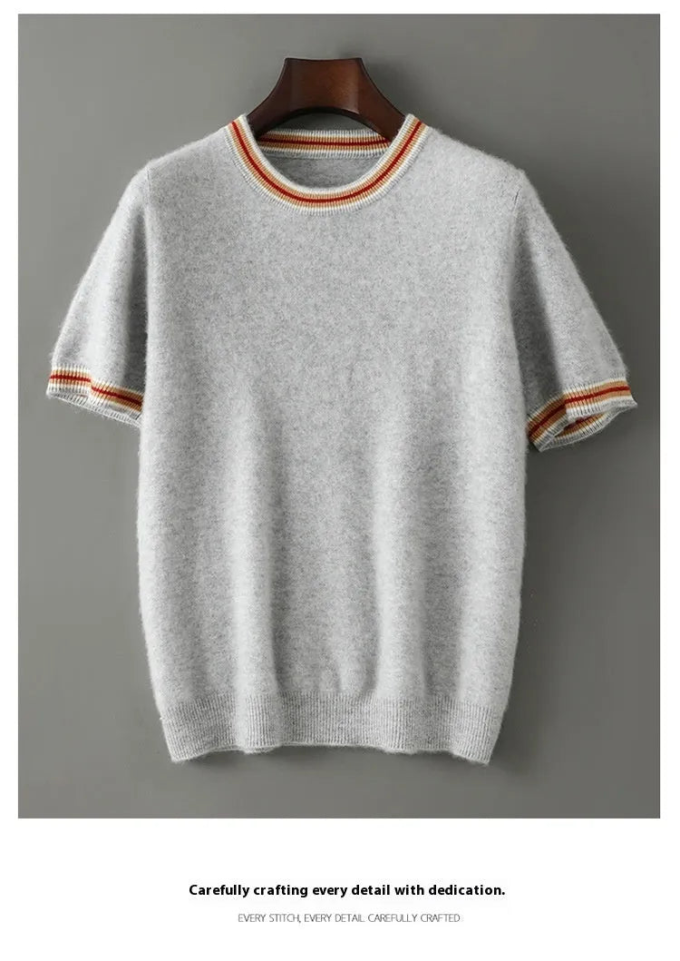 Men's grey pure wool short sleeve round neck sweater laid flat showing pullover design