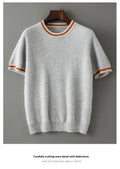 Men's grey pure wool short sleeve round neck sweater laid flat showing pullover design