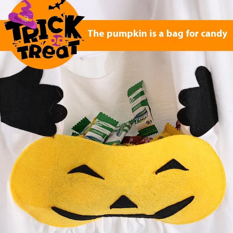 White viscose fibre dog clothes suit with pumpkin ghost design for Halloween, available in sizes S M L