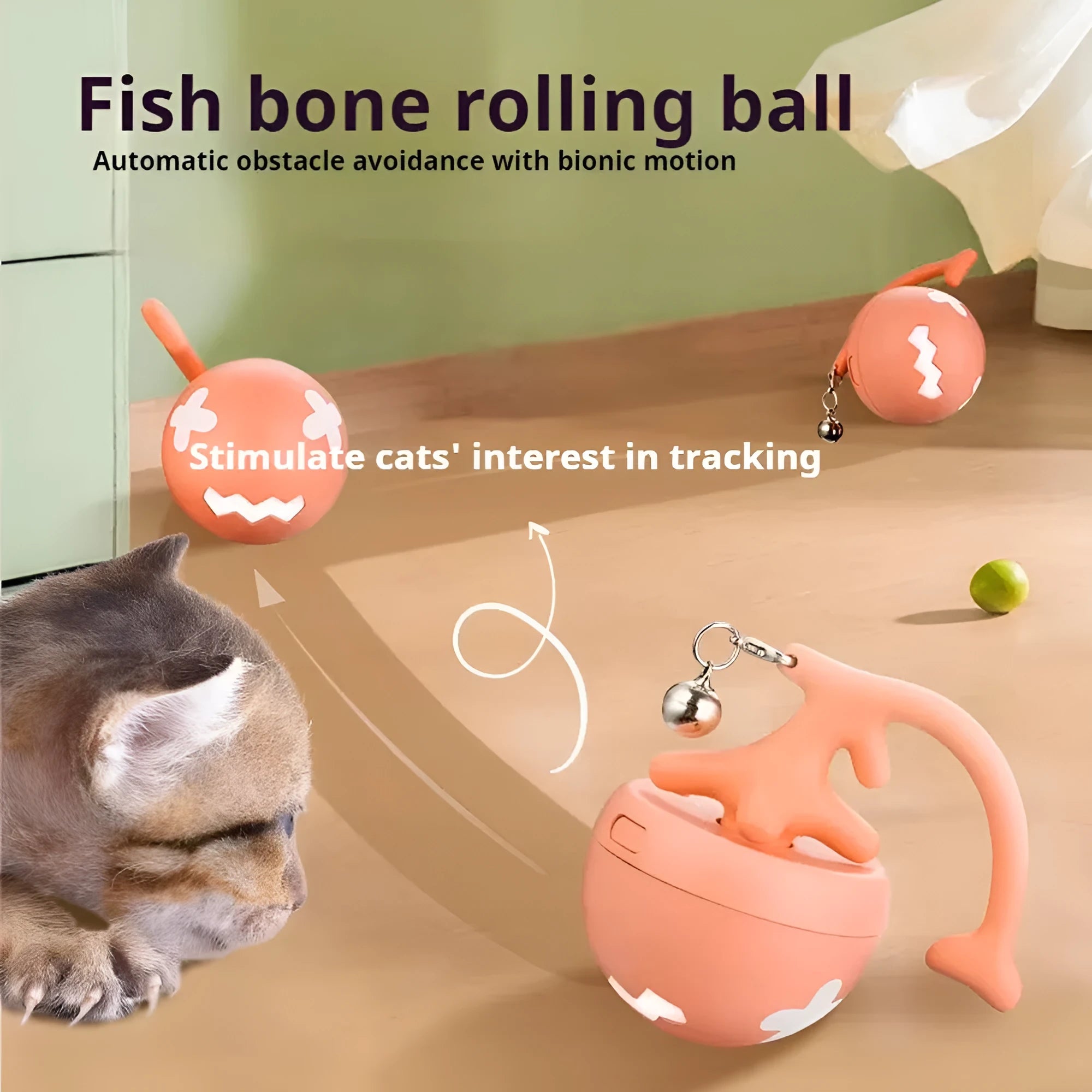 USB electric cat teasing ball fish bone rolling toy with feather stick in blue colour