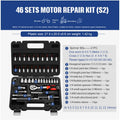 Chrome vanadium steel socket ratchet wrench set with multiple pieces for auto and home repair.