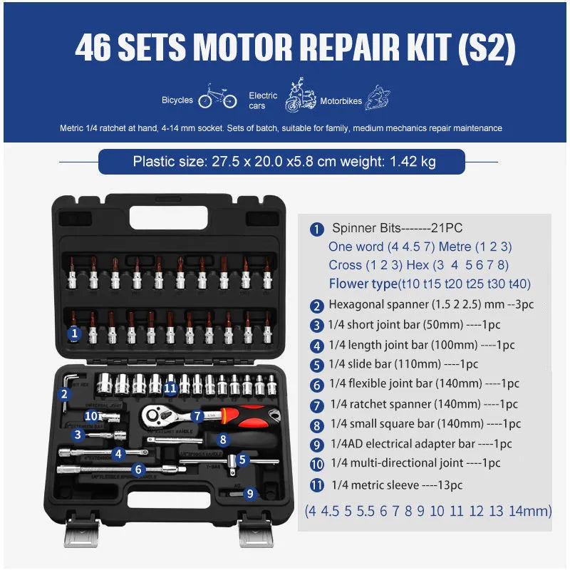 Chrome vanadium steel socket ratchet wrench set with multiple pieces for auto and home repair.