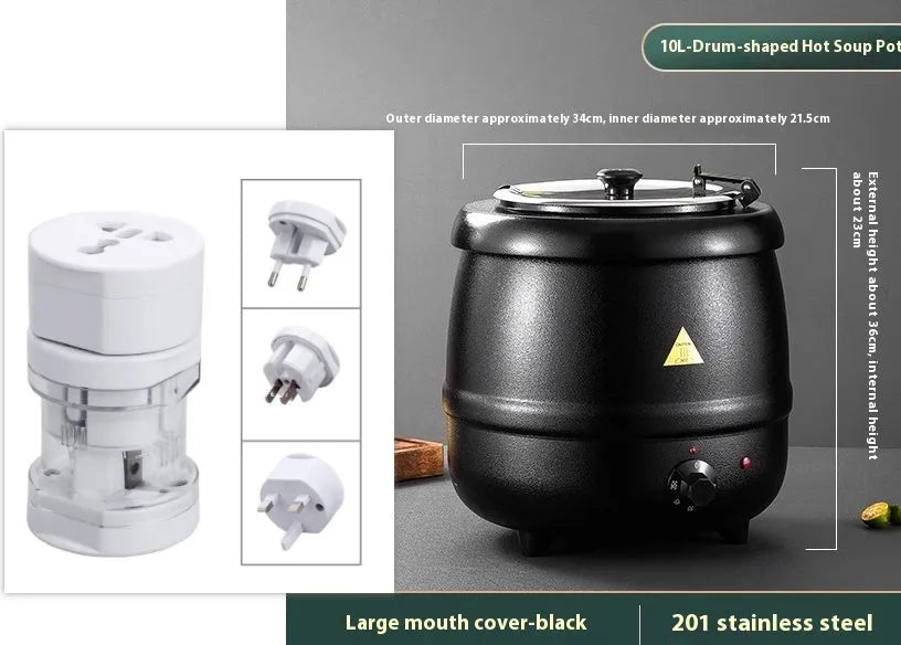 Black 10L stainless steel insulation pot with electric heating and large steel cover