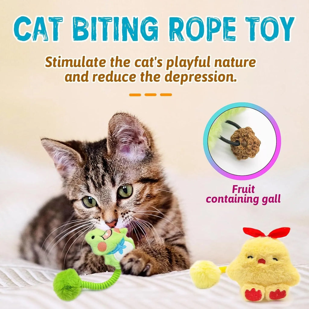 4-in-1 cat toy with plush animal, silvervine fruit, stretchable spring and fuzzy ball on white background