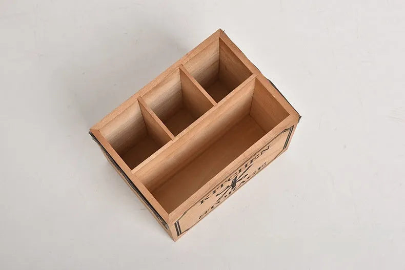 Wooden kitchen storage box with grid dividers for cutlery and chopsticks