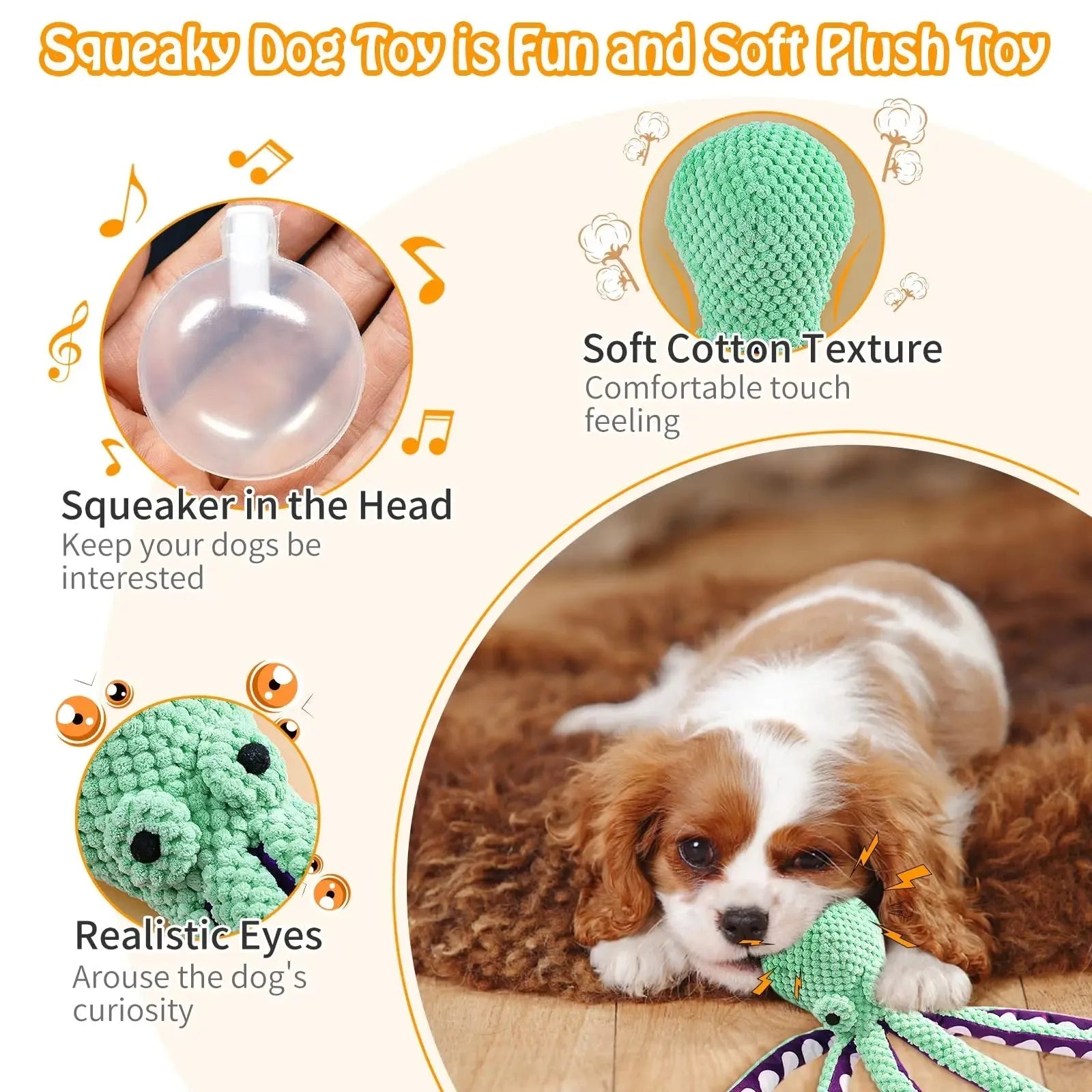 Blue plush octopus shell dog toy with six legs and squeaker on white background