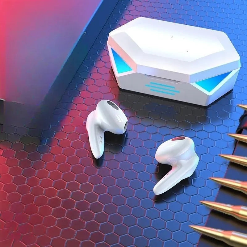 G20 wireless Bluetooth TWS headset in yellow with charging compartment on white background