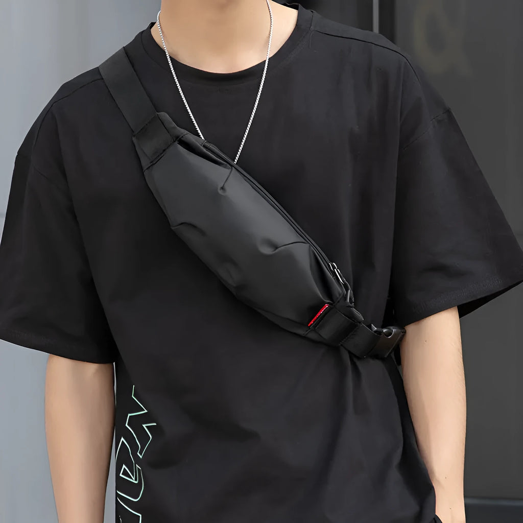 Black Oxford cloth waist pack for men with zipper and internal phone pocket