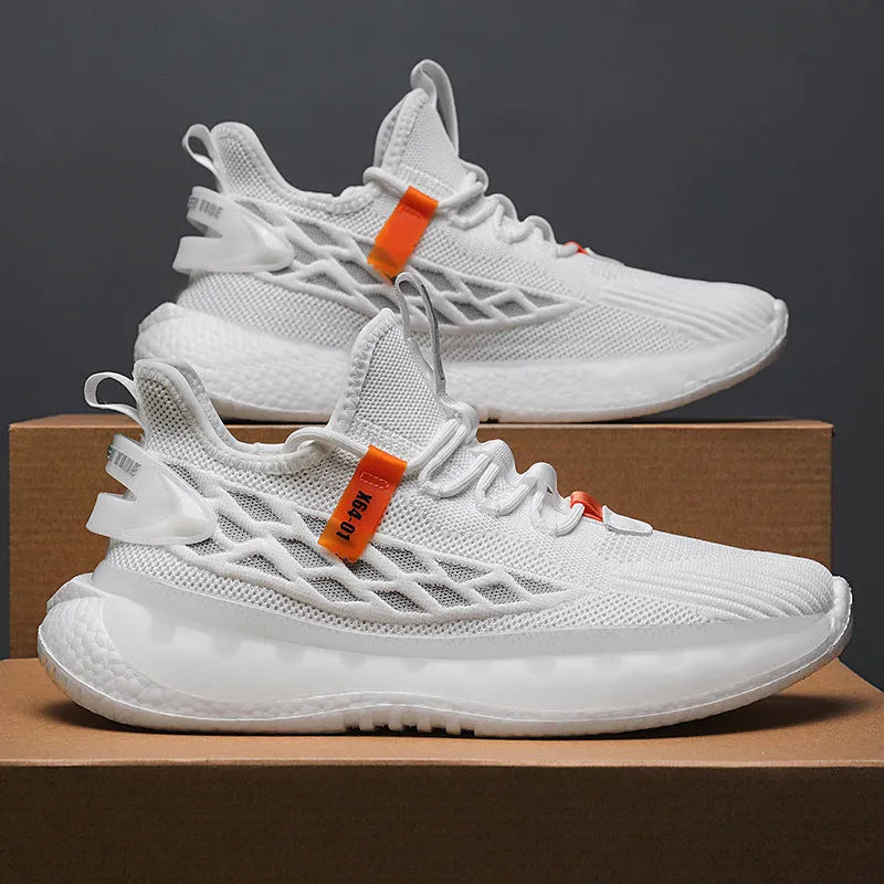 Men's white woven mesh platform sneaker with a flat rubber sole and round toe on a grey background.