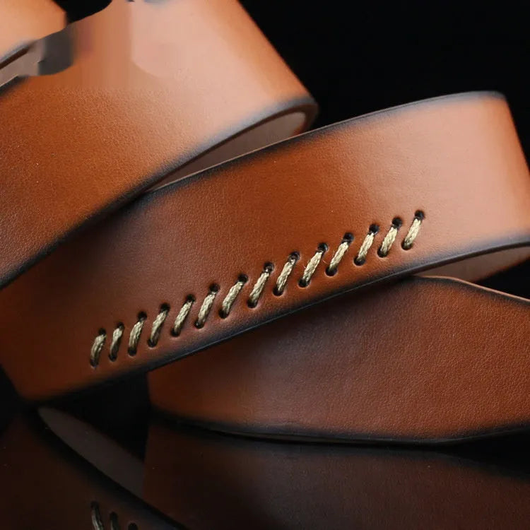 Men's retro style threading belt with alloy pin buckle in black, brown, or white, 110cm long.