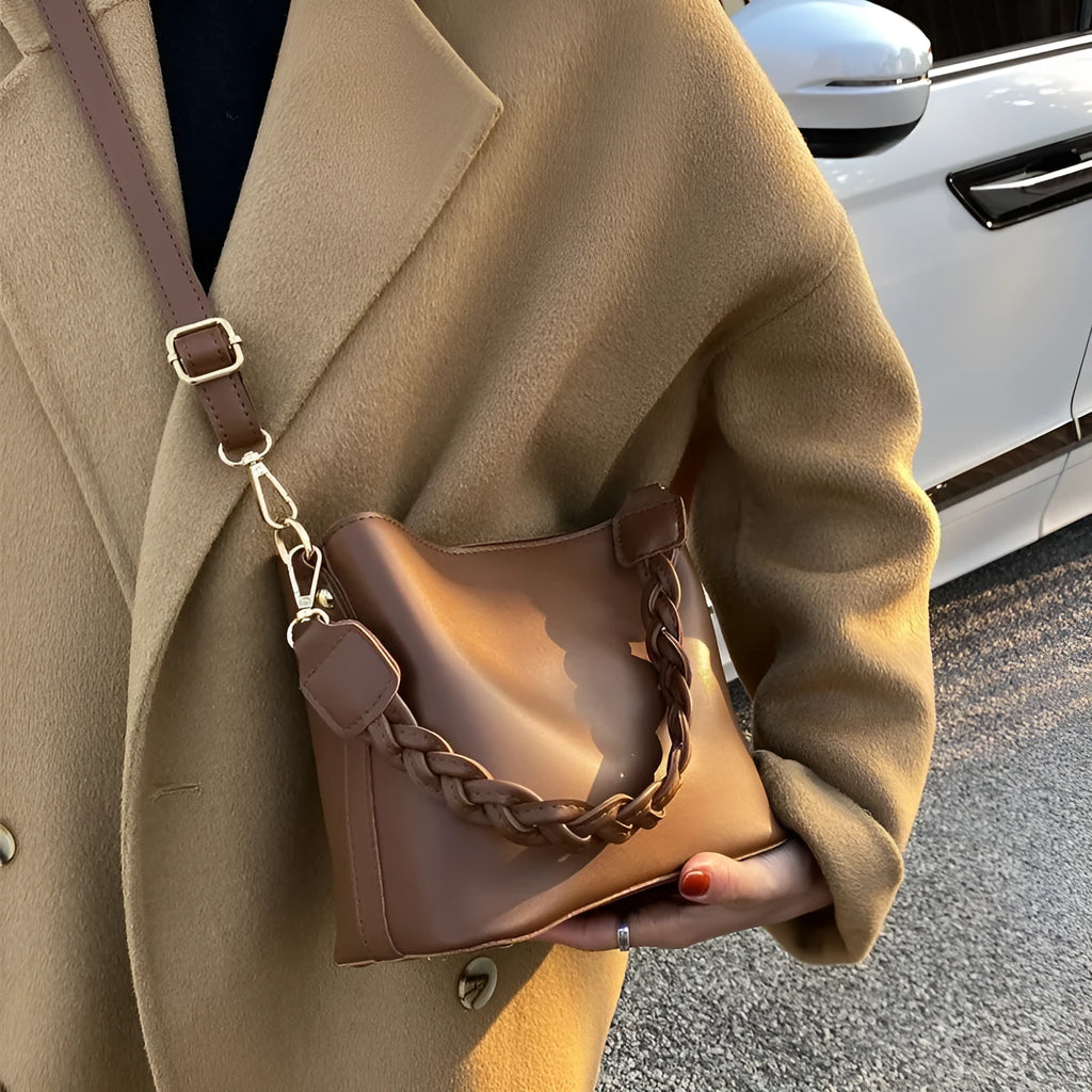 Retro woven PU crossbody bucket bag in khaki colour with adjustable shoulder strap