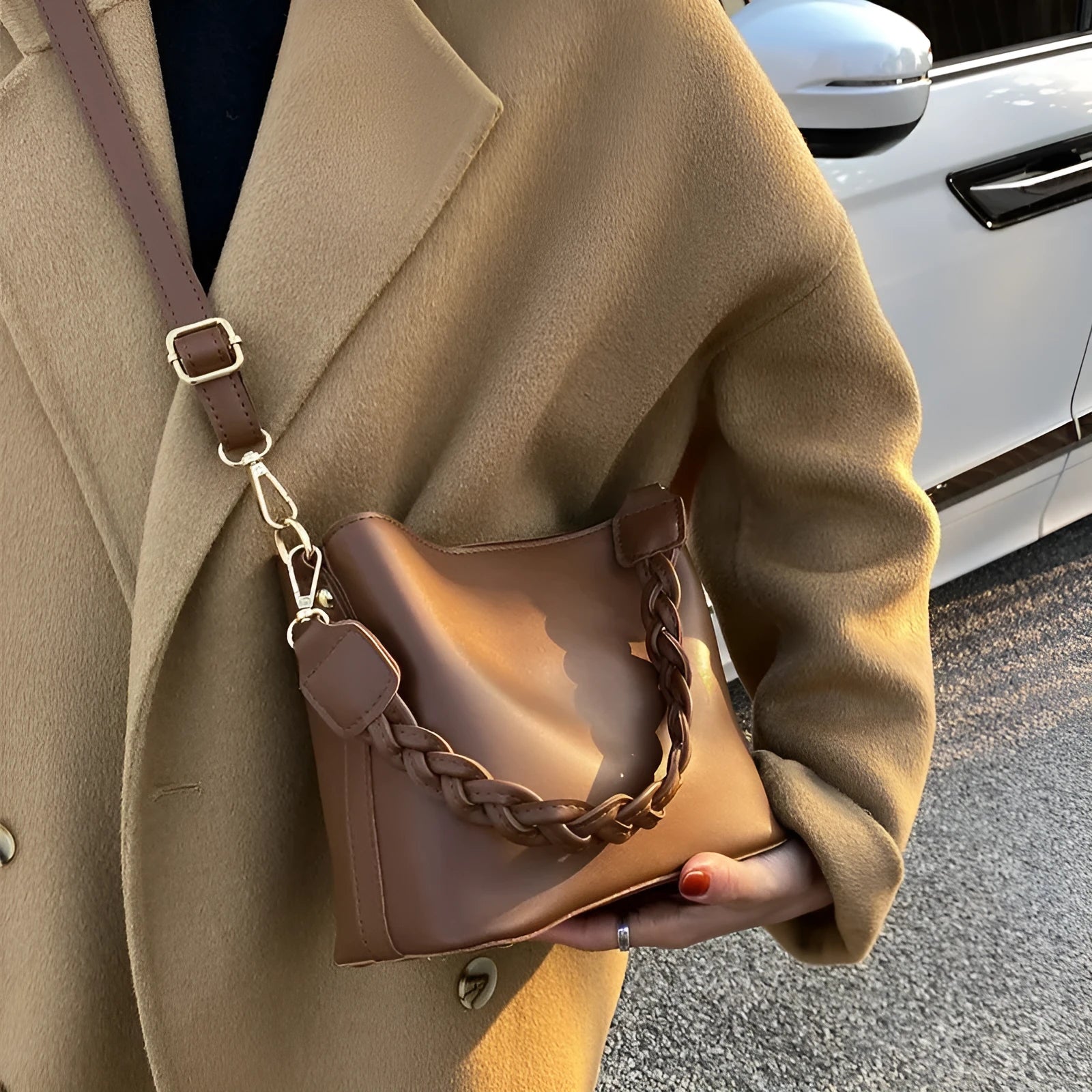 Retro woven PU crossbody bucket bag in khaki colour with adjustable shoulder strap