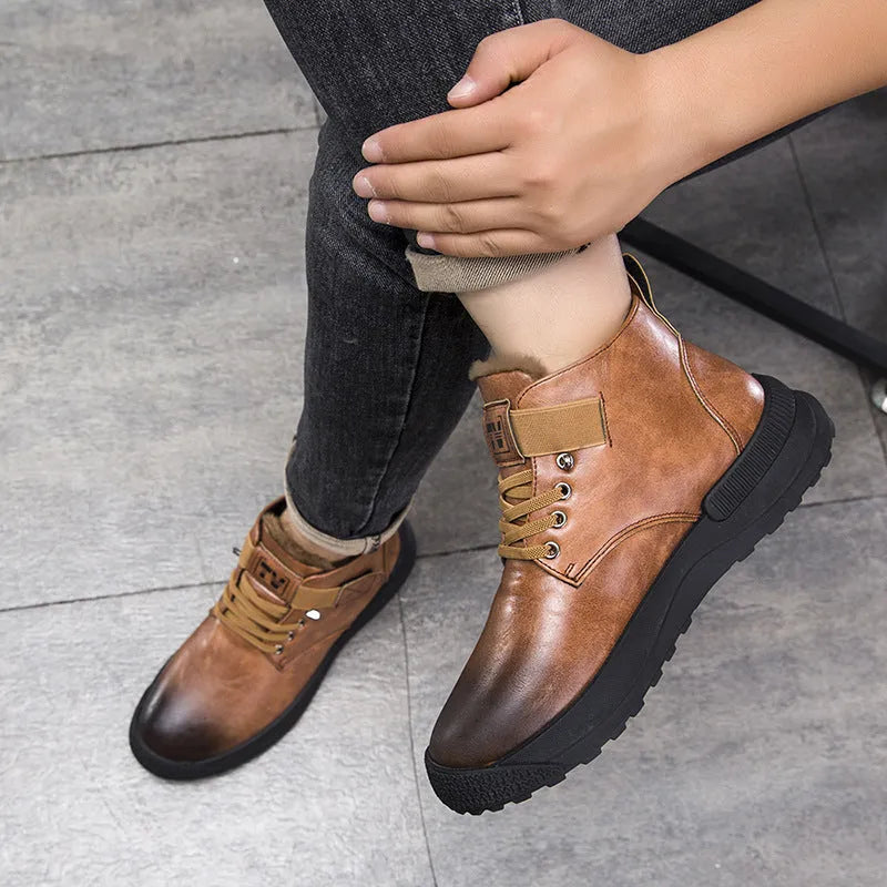 Black and brown men's high-top Martin platform boots with artificial PU upper and rubber sole