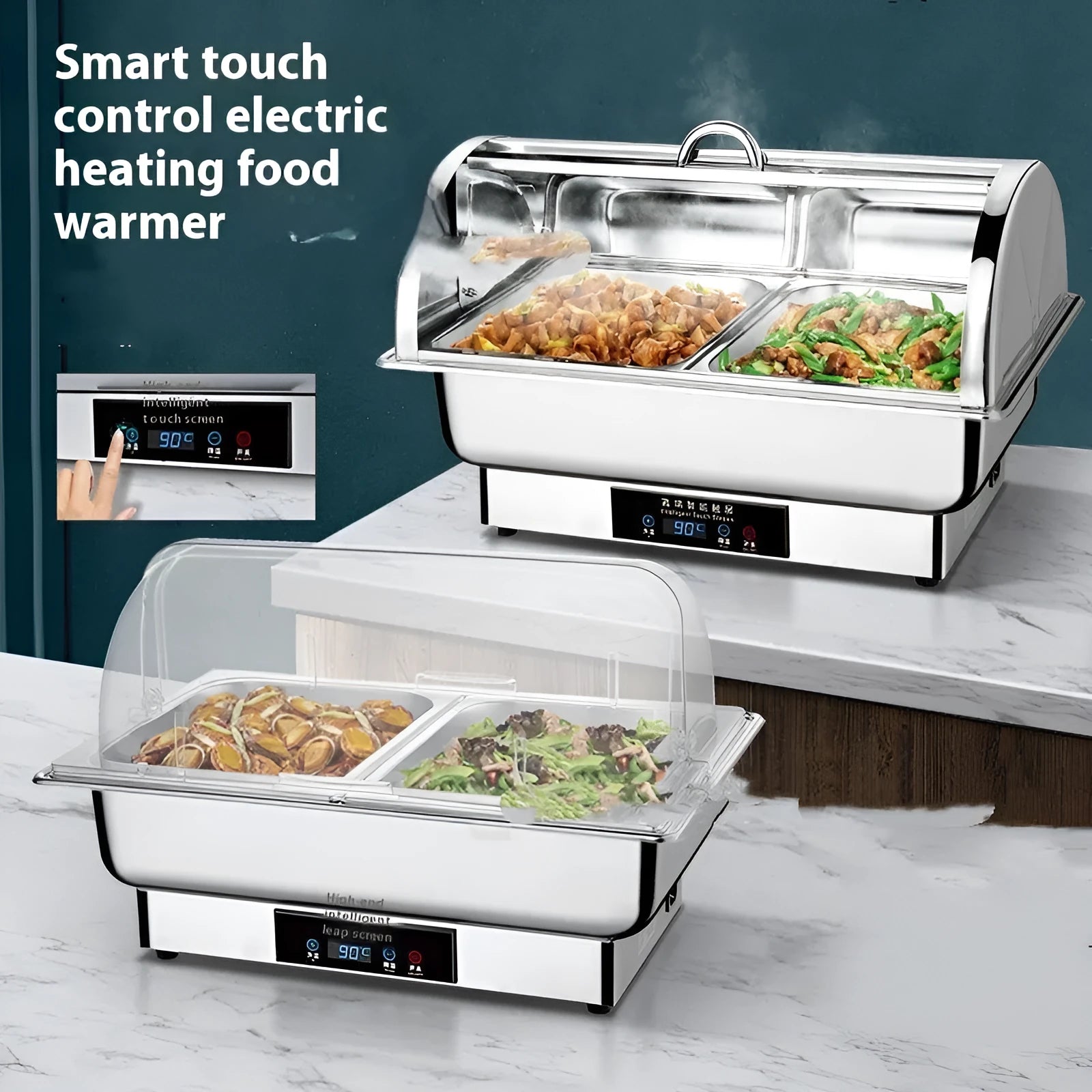 Stainless steel electric buffet stove with a transparent flip-up lid and LCD control screen