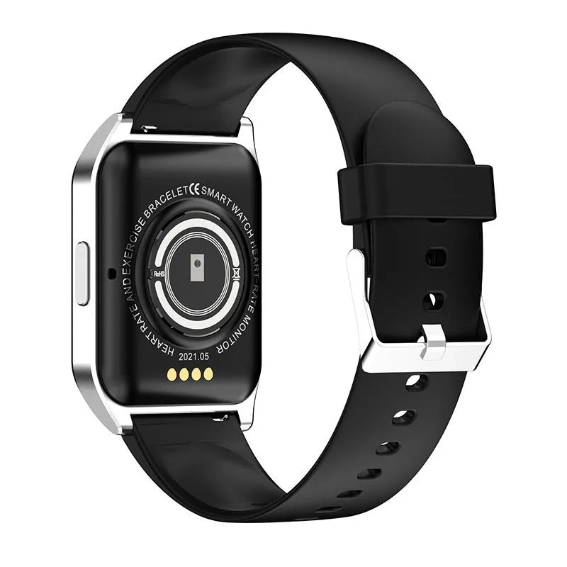 Black smart watch with 1.69-inch touchscreen display and silicone wristband