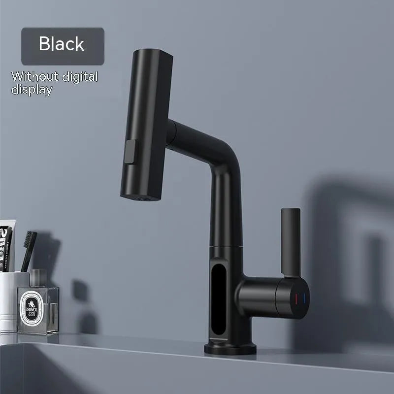 Intelligent digital display pull-out basin faucet with LED temperature screen, copper finish, and 60cm hose