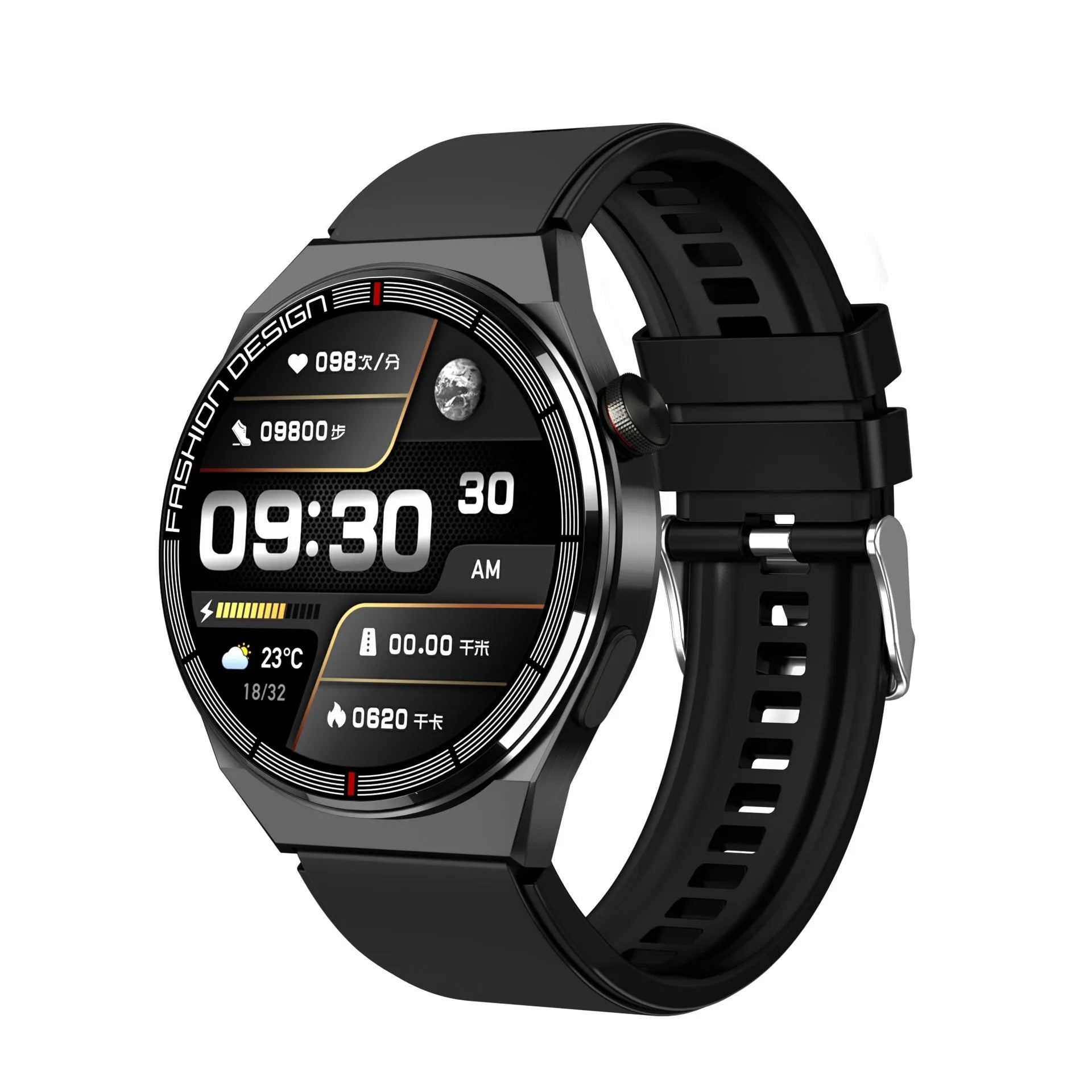 Black and silver Bluetooth NFC smartwatch with 1.28 inch glass screen and silicone strap for heart rate monitoring
