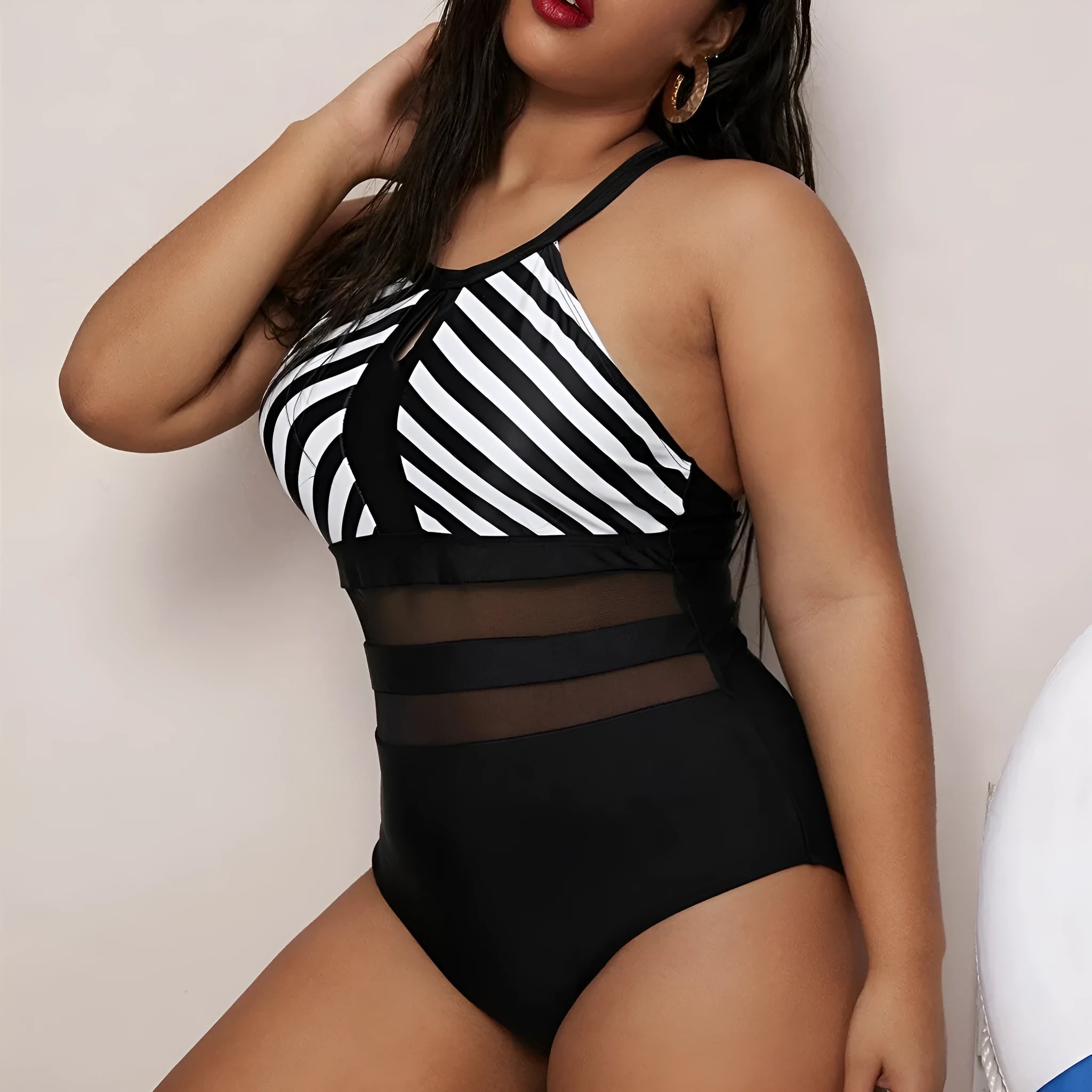 Plus size black backless one-piece swimsuit with striped stitching for women, polyester fabric