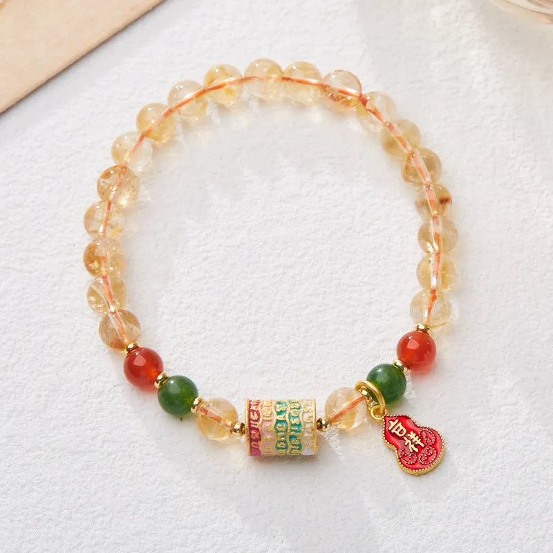 Hand-woven citrine five sutra bracelet with 6mm crystals in geometric braided pattern