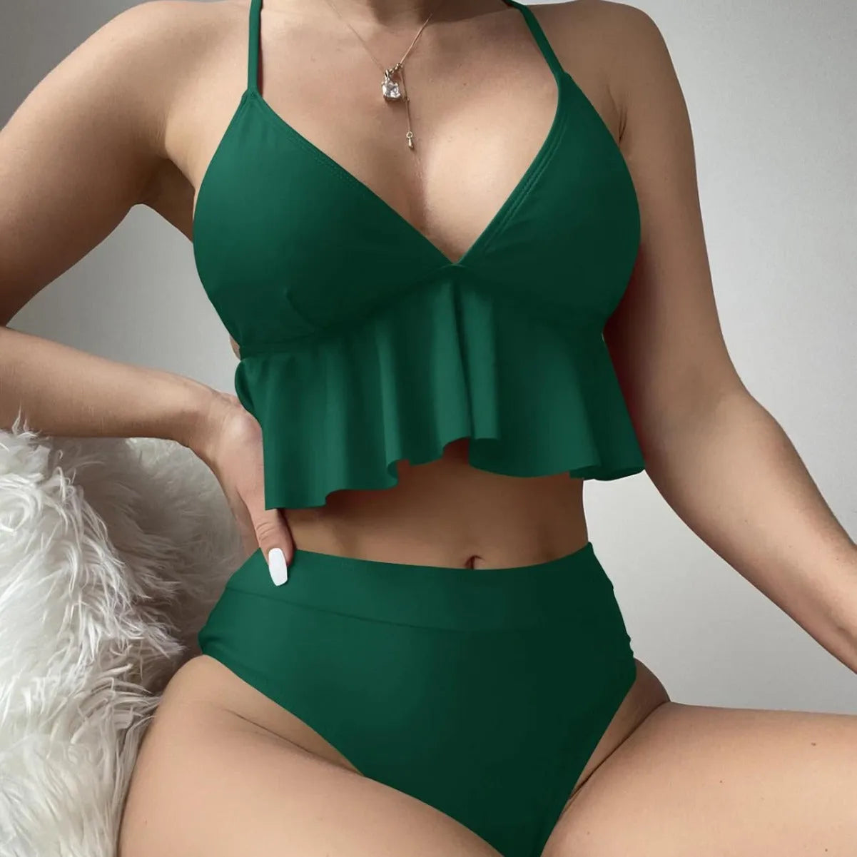 Women's solid colour split bikini swimsuit two-piece set in black, army green, brick red, blue with spandex lining
