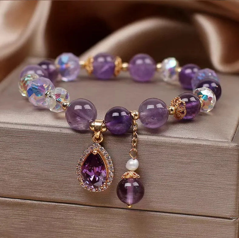 Purple natural amethyst bracelet for women with micro inlay crystal construction