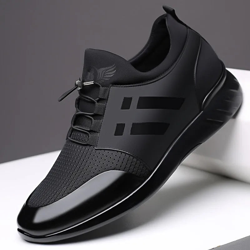 Men's black height increase casual sneakers with genuine leather uppers and hidden heel elevation