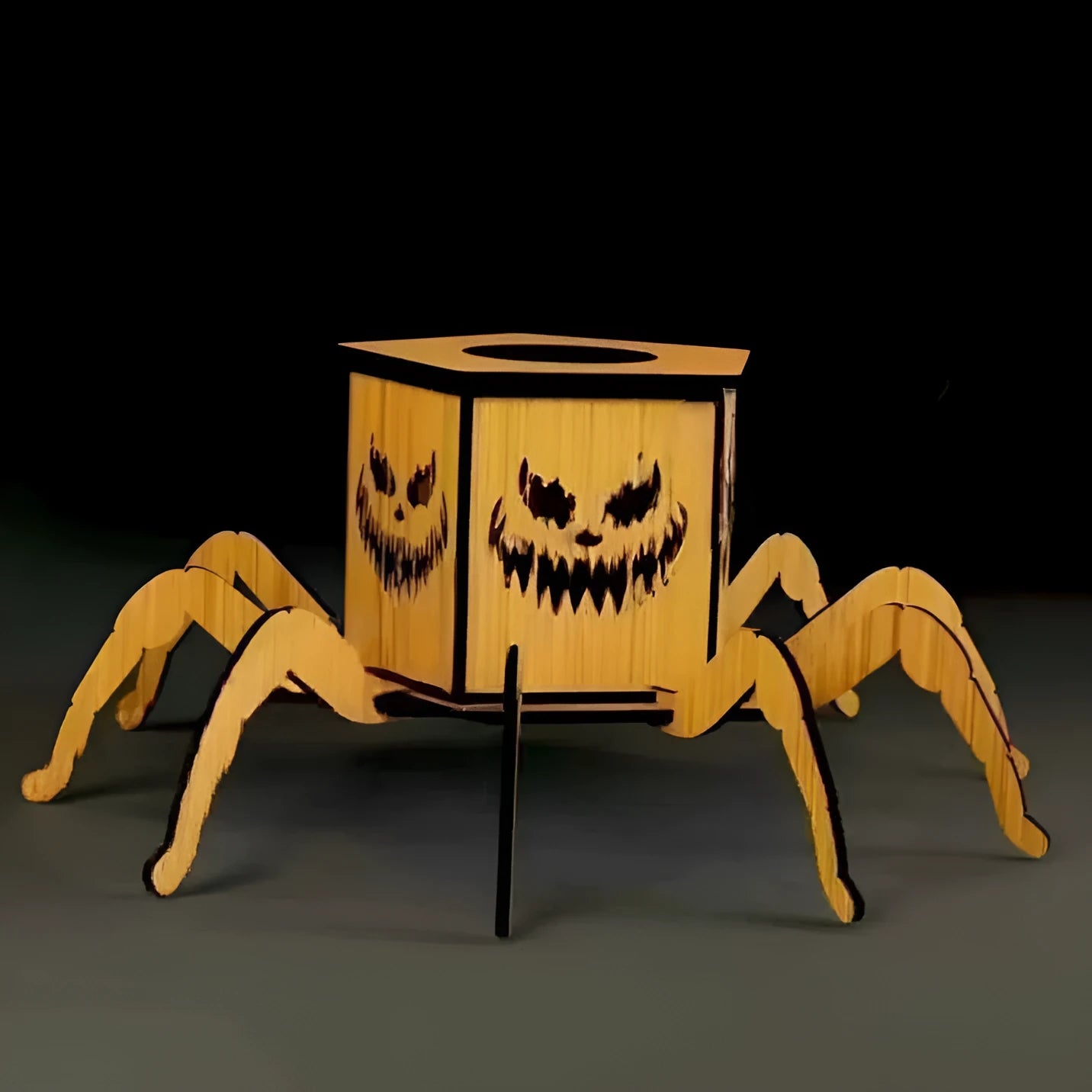 Wooden Halloween spider-themed mini lantern candlestick decoration measuring 21cm by 8.5cm.