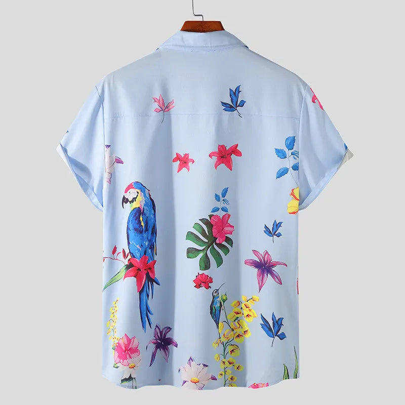 Men's blue short sleeve Hawaiian shirt with pointed collar on beach