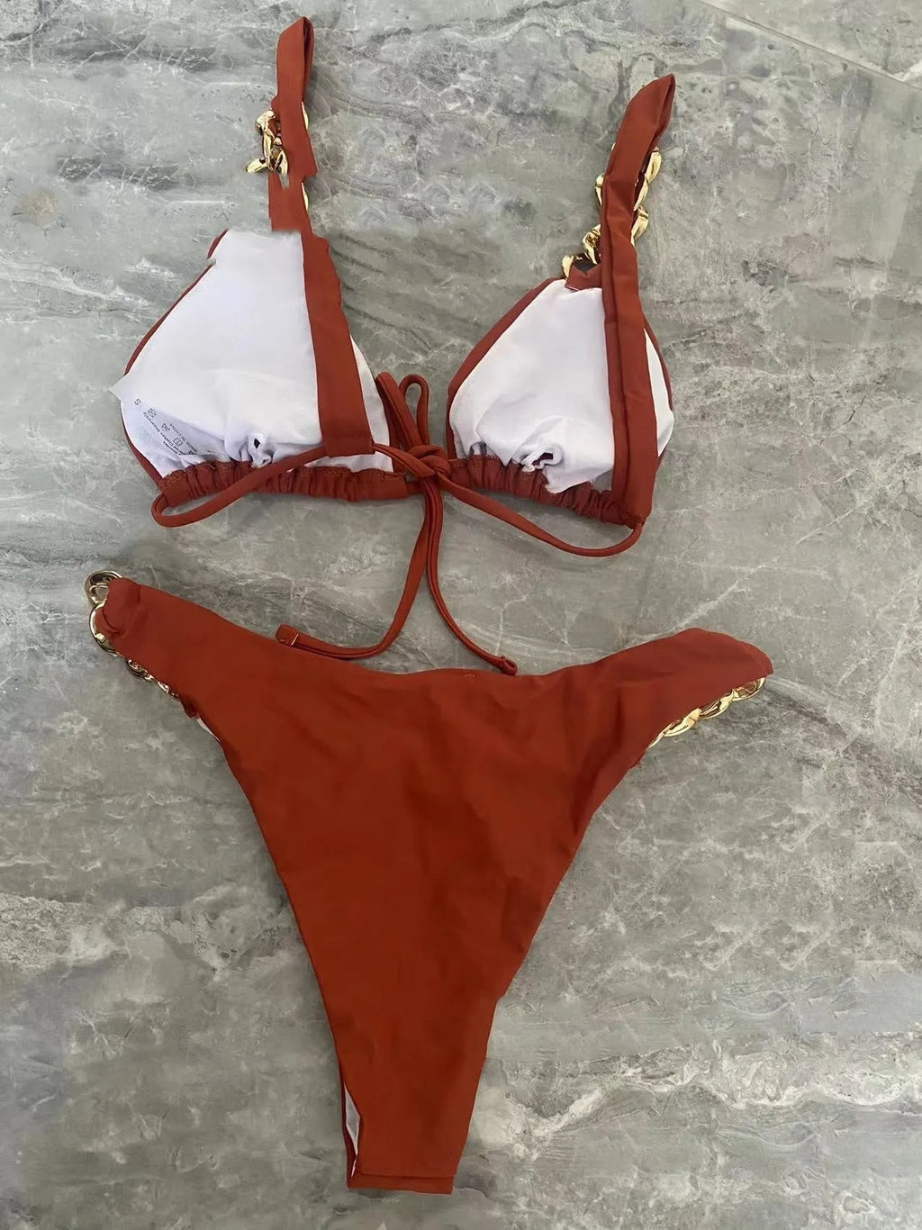 Brown women's tube-top push-up bikini swimsuit with ring tether and split style design