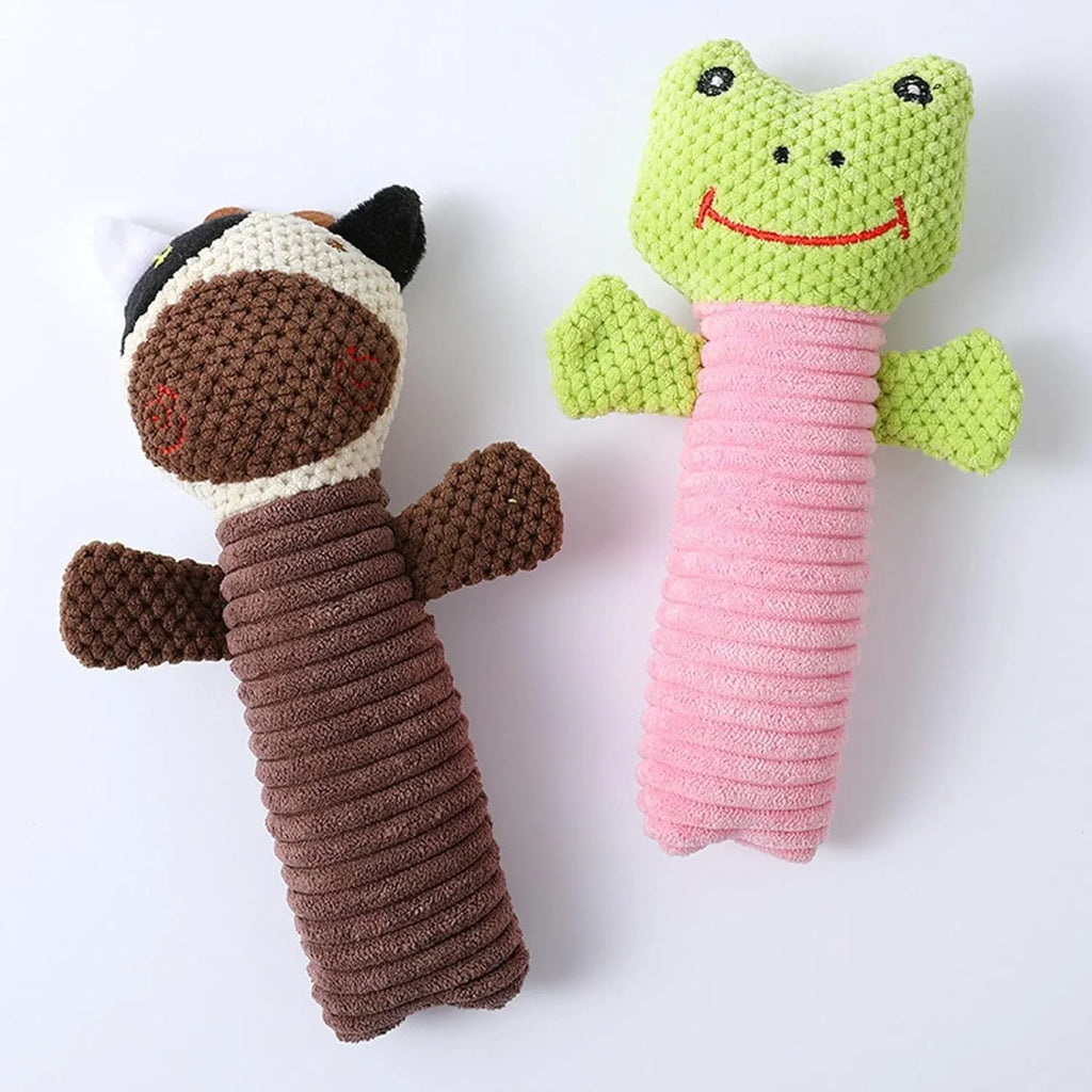 Dog squeaky toy stuffed animal dental chew toy in calves, frogs or puppies design