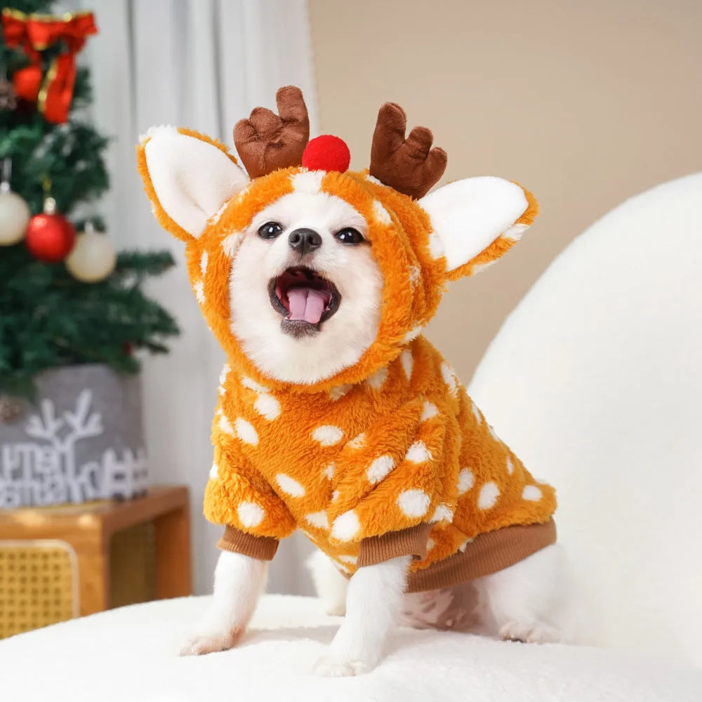 Fleece-lined pet coat with elk pattern on a dog, available in six sizes from XS to XXL