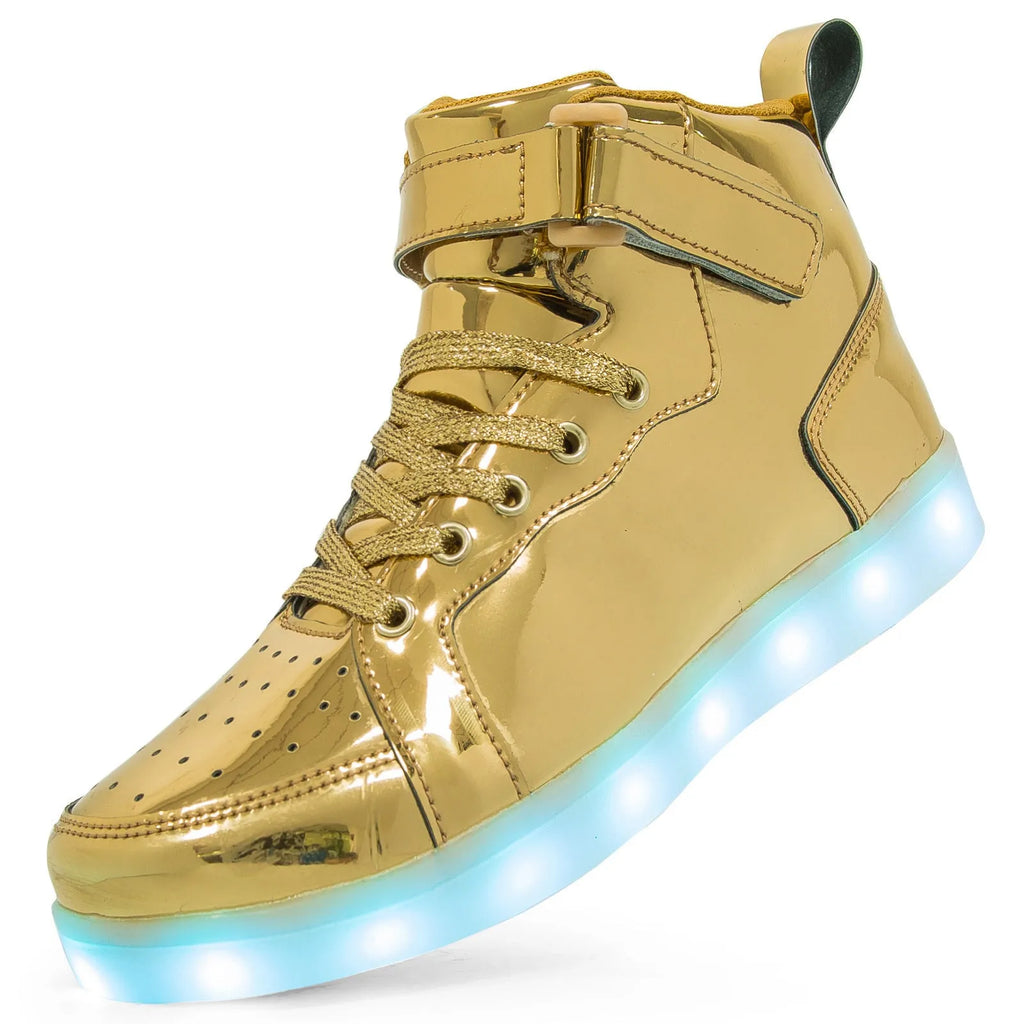 LED high-top board shoes with velcro strap and light-up sole in black, gold, and white colours