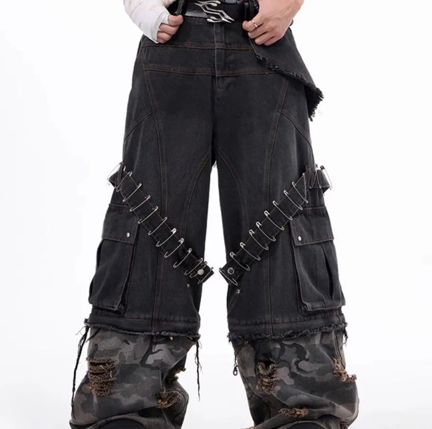 Men's grey camouflage splicing jeans with pin and ribbon details on cotton fabric