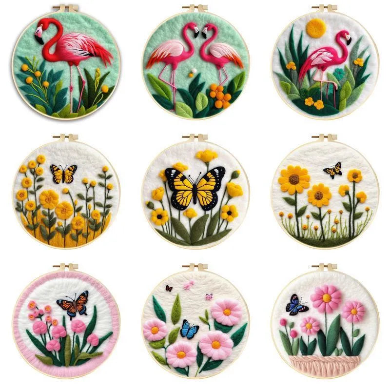 Round linen embroidery kit with wool felt, three-dimensional blanket painting, flowers grass leaves pattern, 20x20 cm, free frame included.