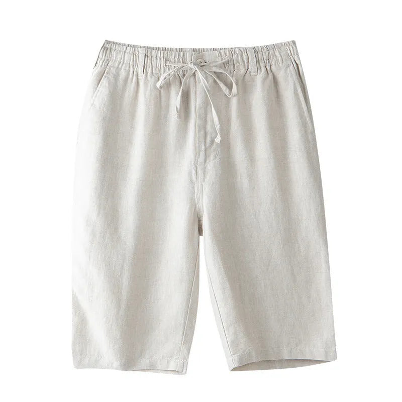 Casual loose beach capris for men in linen, shown in light gray colour with straight-leg fit