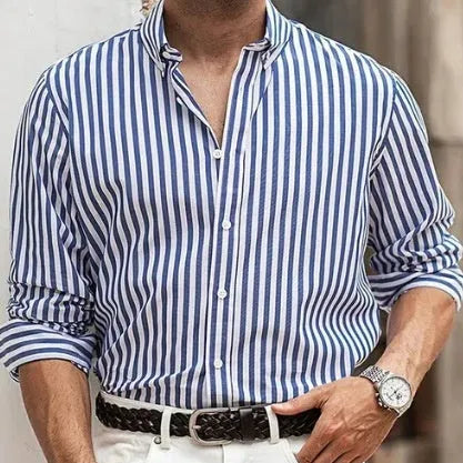 Men's fashion casual holiday button shirt in khaki with long sleeves and striped pattern, loose cardigan style