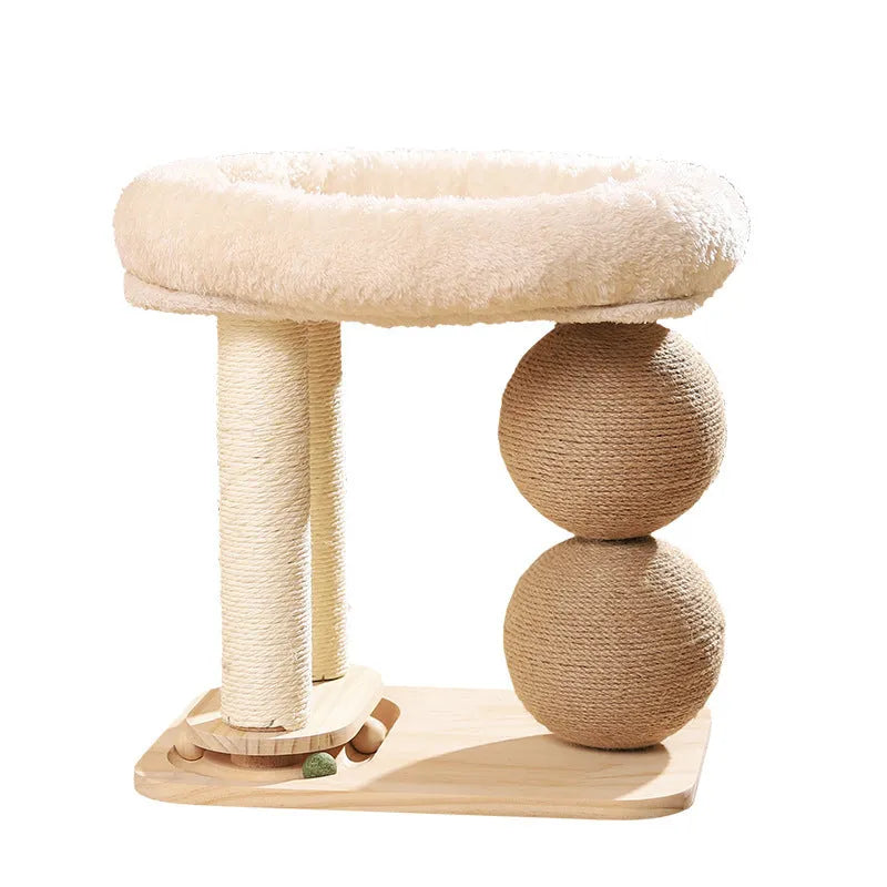 Pine wood cat nest with scratching balls in sisal style finish