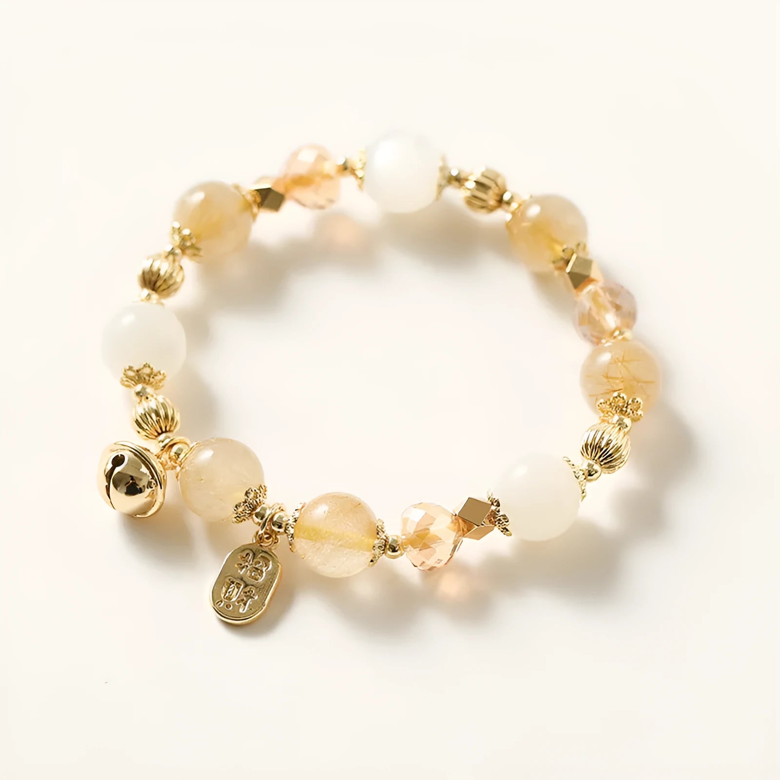 Gold electroplated rutilated quartz bracelet with crystal beads in Korean style design