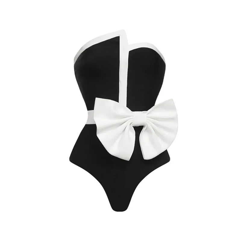 Black and white colour-block bow irregular tube top one-piece swimsuit for women with long skirt option