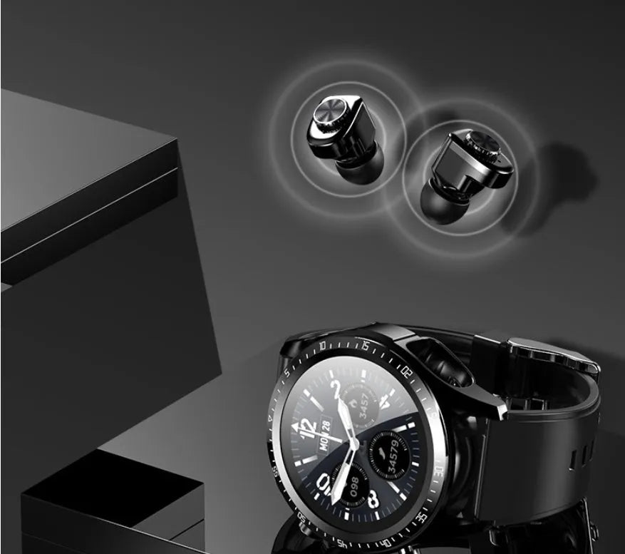Black smart watch with blood pressure monitoring on silicone strap showing 1.28-inch screen