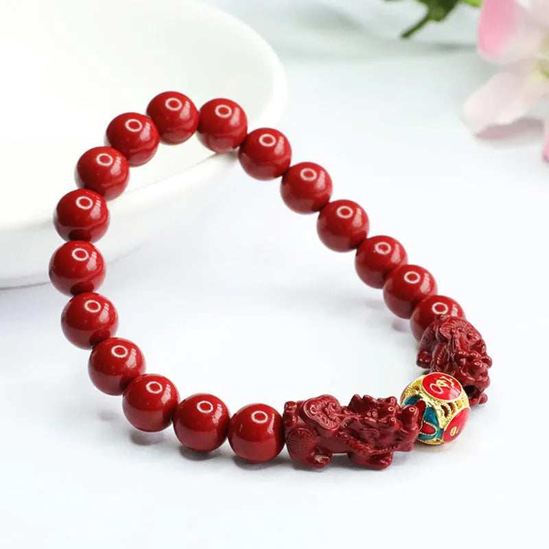 Cinnabar double pixiu women's bracelet 8mm purple gold sand leather animal zodiac carving