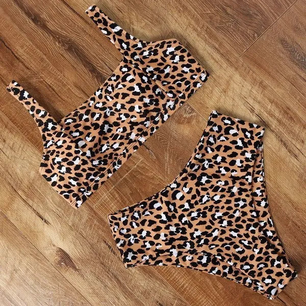 High waist leopard print push up bikini set with bra top and shorts for women, polyester swimwear, multiple colour options