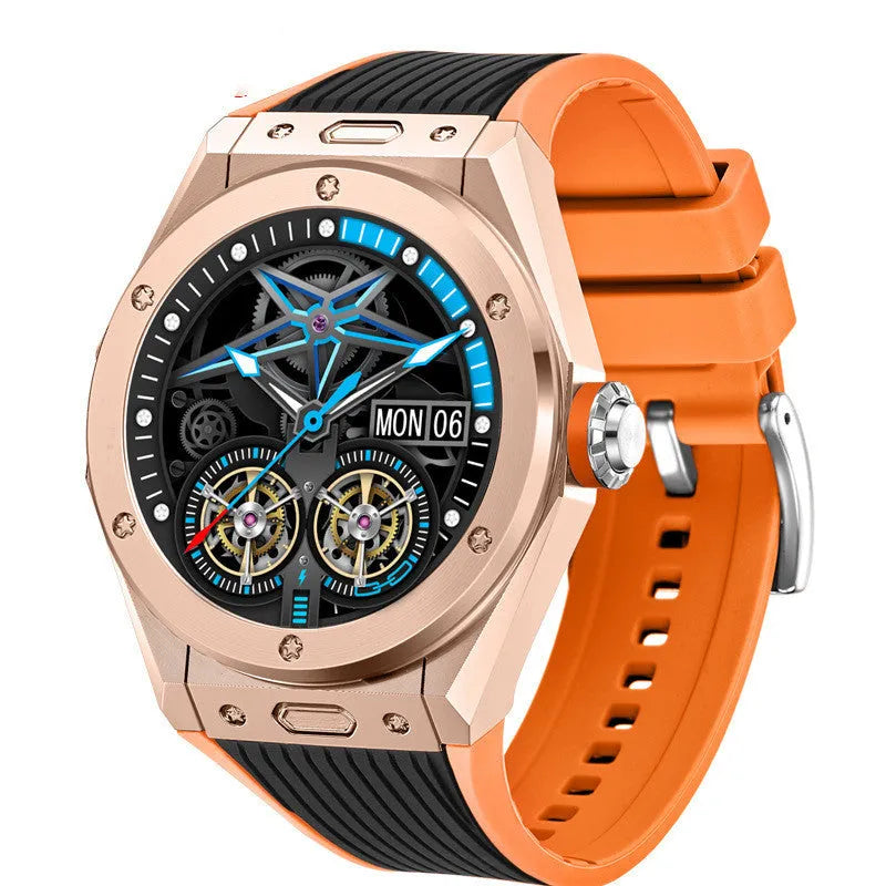MV58 smart watch with 1.28 inch TFT screen and black silicone strap on wrist displaying heart rate data