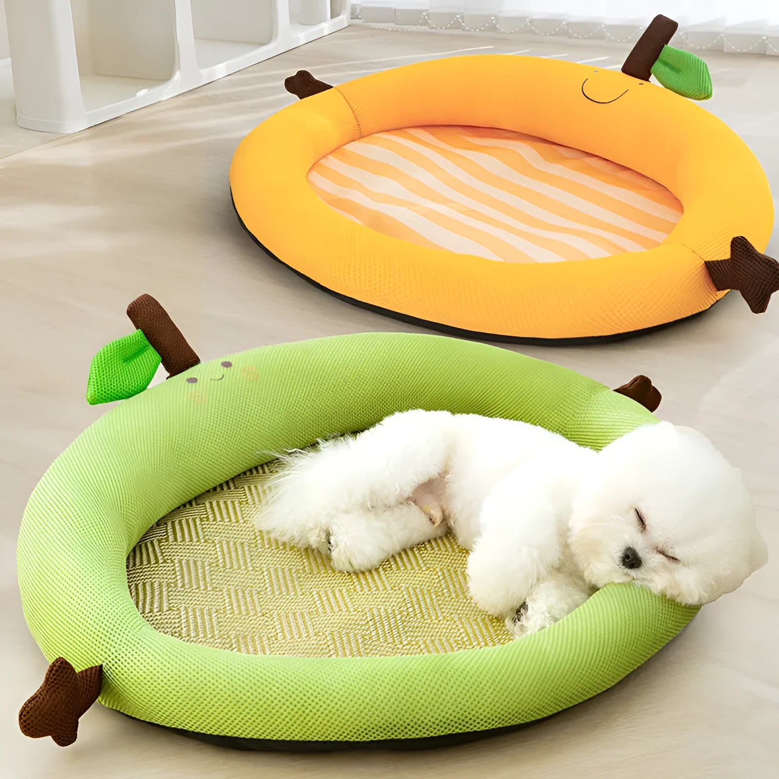 Green bear design pet cooling nest mat with raised edges and a fruit-shaped backrest.